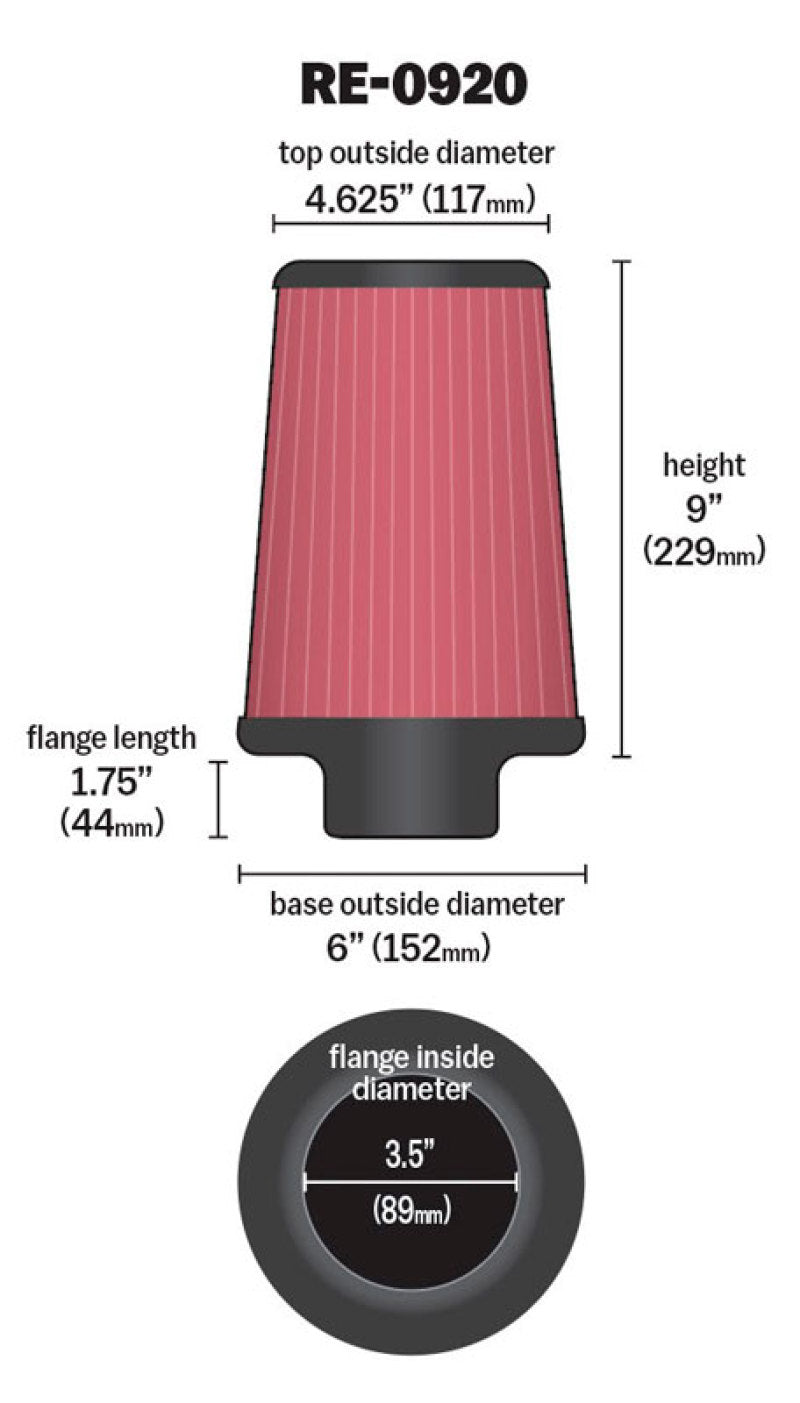 K&N Universal Rubber Filter 3 1/2inch ID FLG / 6inch Base / 4-5/8inch Top / 9inch Height K&N Engineering Air Filters - Universal Fit