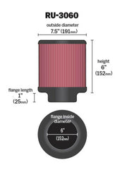 K&N Universal Rubber Filter 6in Flange ID / 7.5in OD / 6in Height / Round Straight K&N Engineering Air Filters - Universal Fit
