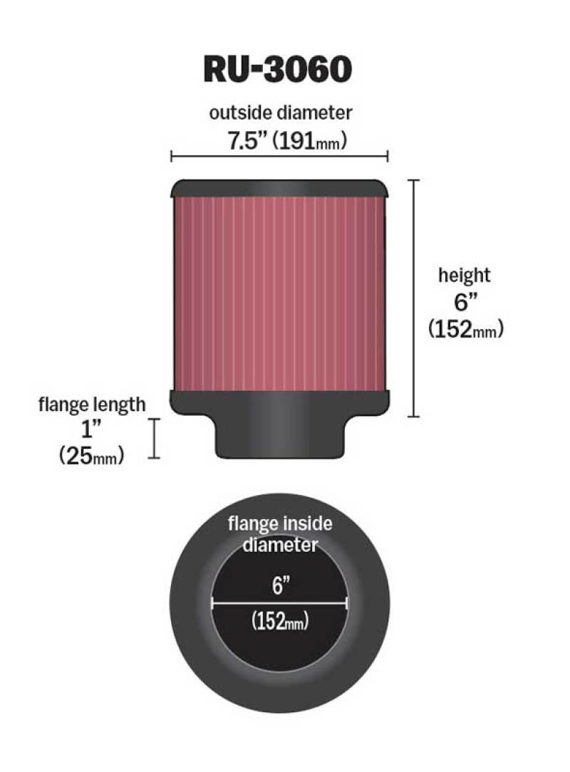 K&N Universal Rubber Filter 6in Flange ID / 7.5in OD / 6in Height / Round Straight K&N Engineering Air Filters - Universal Fit