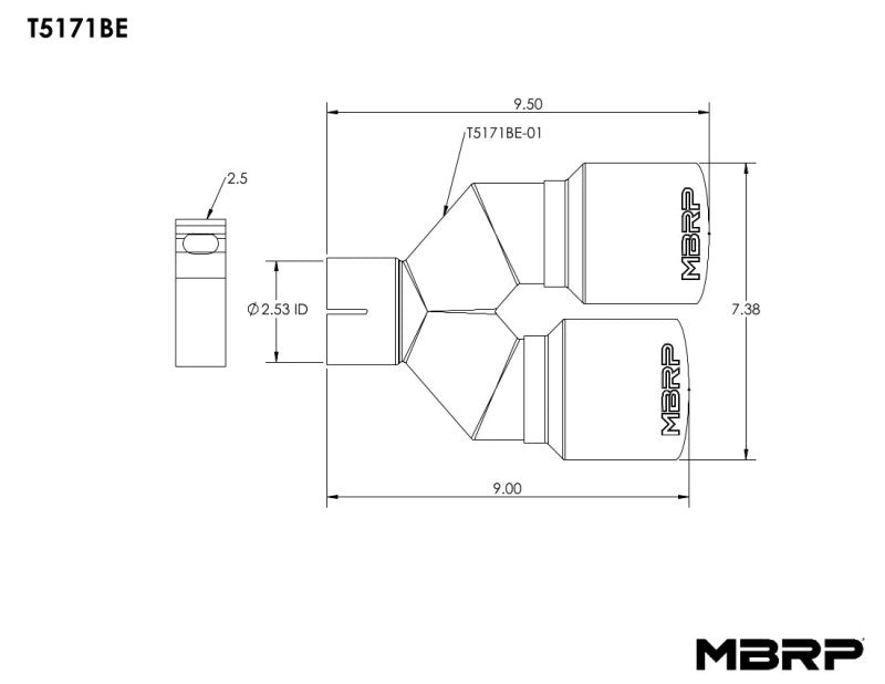 MBRP Burnt End Tip 2.5 ID, Dual 3.5 OD Out, 9.5 length, Single wall 304 Stainless Steel MBRP Tail Pipes