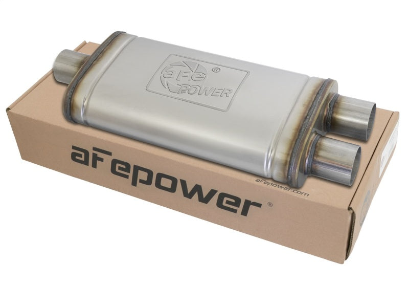 aFe MACHForce XP SS Muffler 2.5in Center Inlet / 2.5in Dual Outlets 18in L x 9in W x 4in H Body aFe Muffler