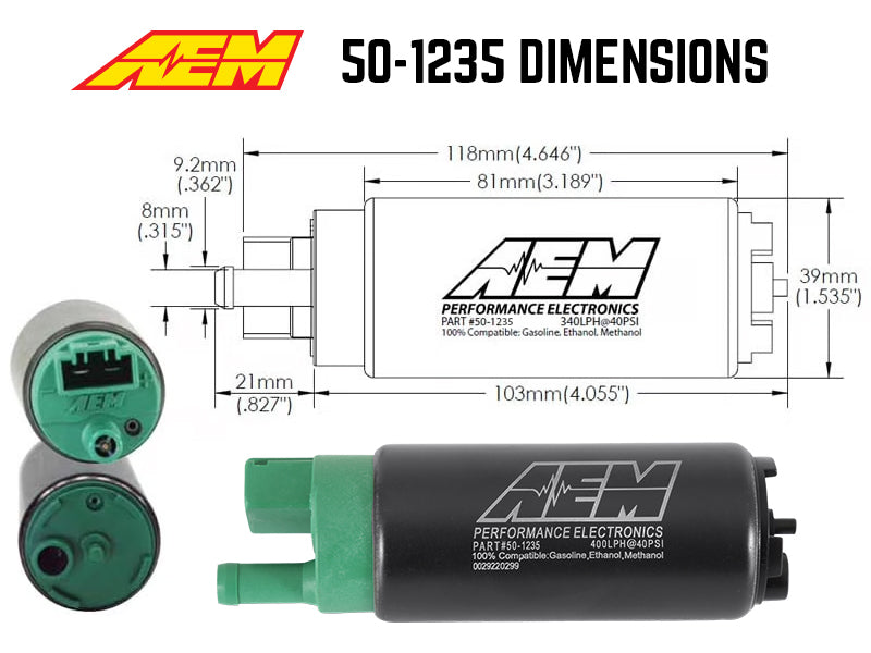 AEM 400 LPH E85 Compatible Fuel Pump Kit - Single Barb - Ethanol Compatible AEM Fuel Pumps