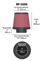 K&N Universal Air Filter 6in Flange ID x 7.5in Base / 5in OD Top x 8in H K&N Engineering Air Filters - Universal Fit