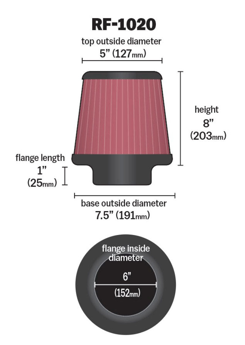 K&N Universal Air Filter 6in Flange ID x 7.5in Base / 5in OD Top x 8in H K&N Engineering Air Filters - Universal Fit