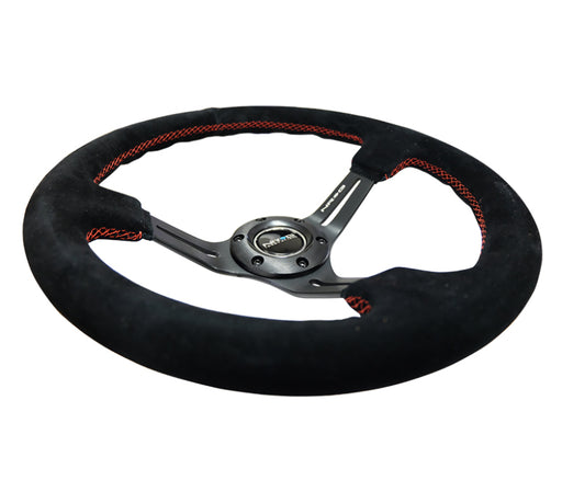 NRG Reinforced Steering Wheel (350mm / 3in. Deep) Blk Suede w/Red Stitching & 5mm Spokes w/Slits NRG Steering Wheels