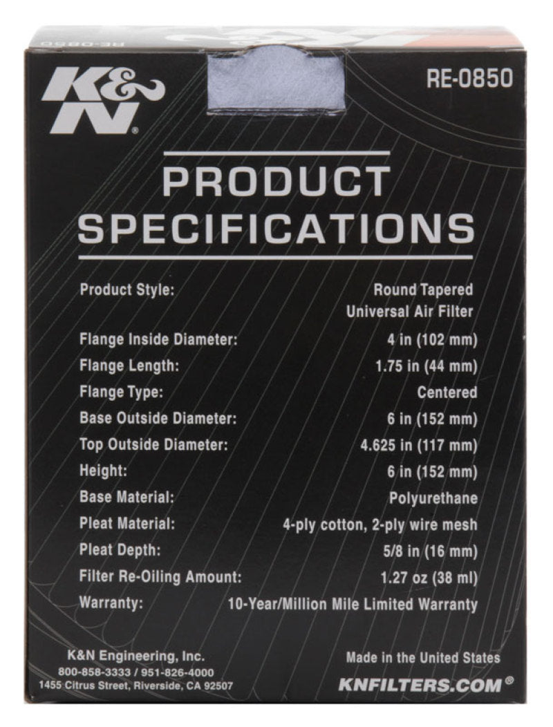 K&N Universal Air Filter (4in. Flange / 6in. Base OD / 4-5/8in. Top OD / 6in. Height) K&N Engineering Air Filters - Universal Fit