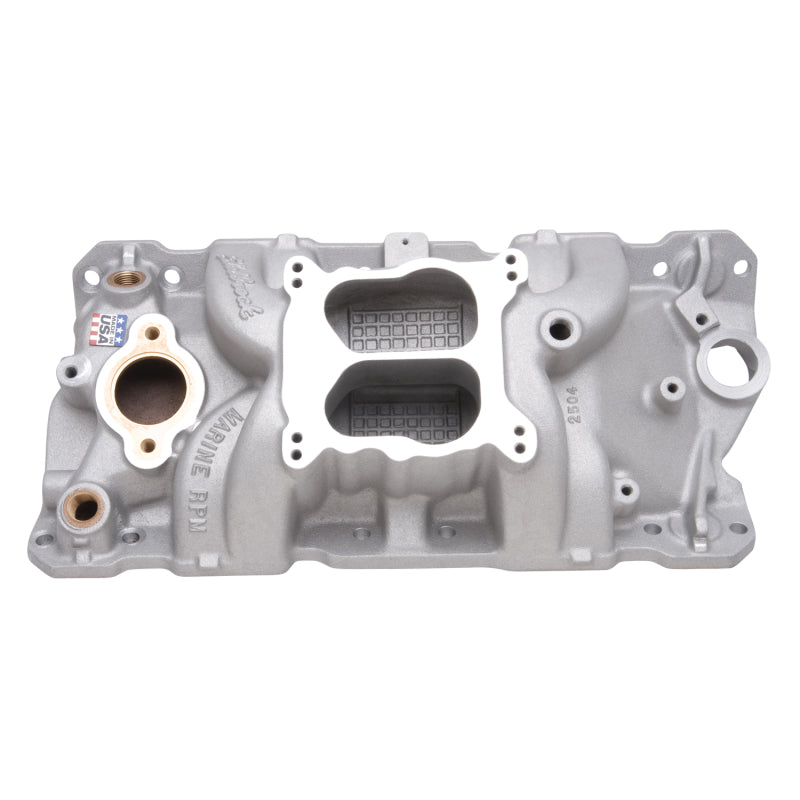 Edelbrock Manifold SBC 23-Degree Marine RPM 1955-1986 w/ Brass Edelbrock Intake Manifolds