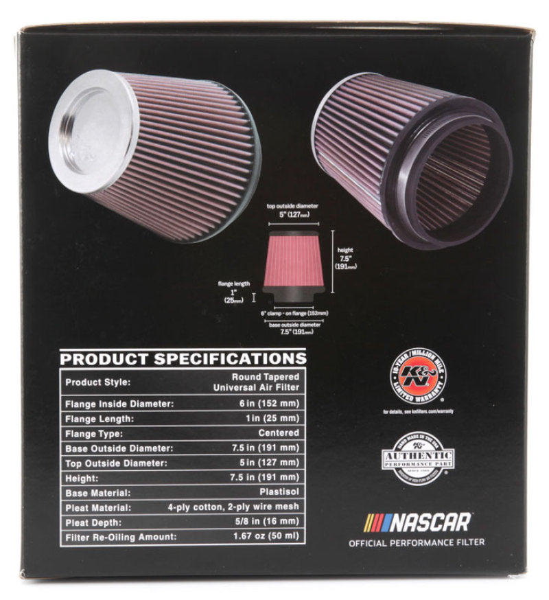 K&N Round Tapered Universal Air Filter 6 inch Flange 7 1/2 inch Base 5 inch Top 7 1/2 inch Height K&N Engineering Air Filters - Universal Fit