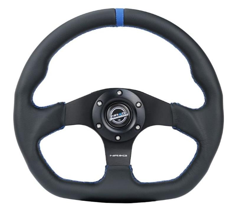 NRG Reinforced Steering Wheel (320mm) Sport Leather Flat Bottom w/ Blue Center/ Blue Stitching NRG Steering Wheels