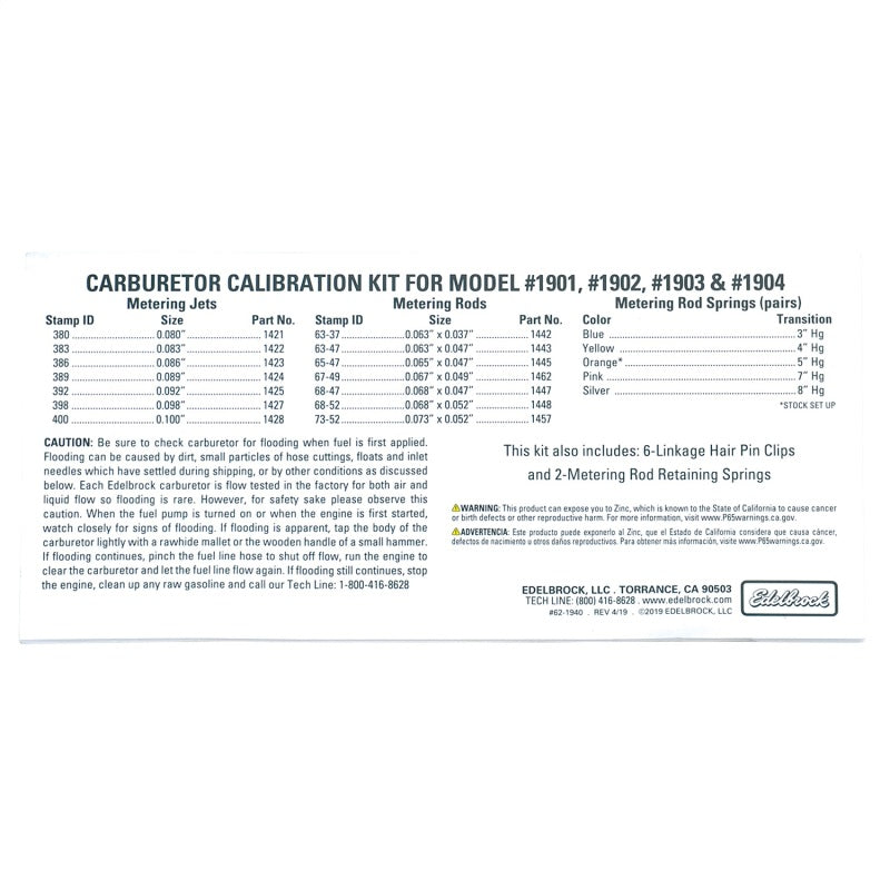 Edelbrock Calibration Kit for 1901 / 1902 / 1903 / 1904 Edelbrock Carburetor Rebuild Components