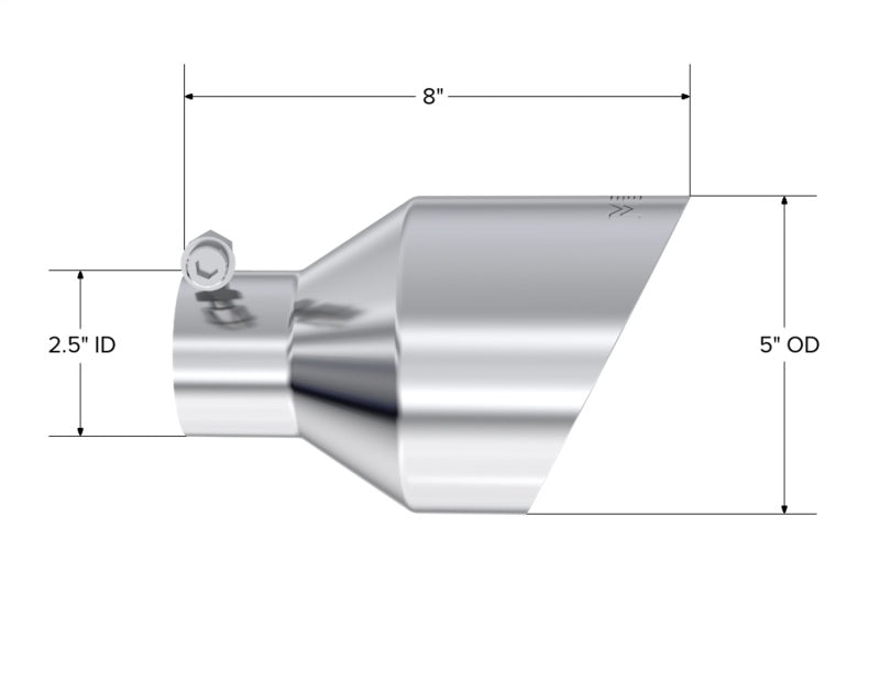 MBRP T304 SS Tip 2.5in ID, 5in OD Out, 8in Length, Angle Cut, Dual Wall MBRP Tips