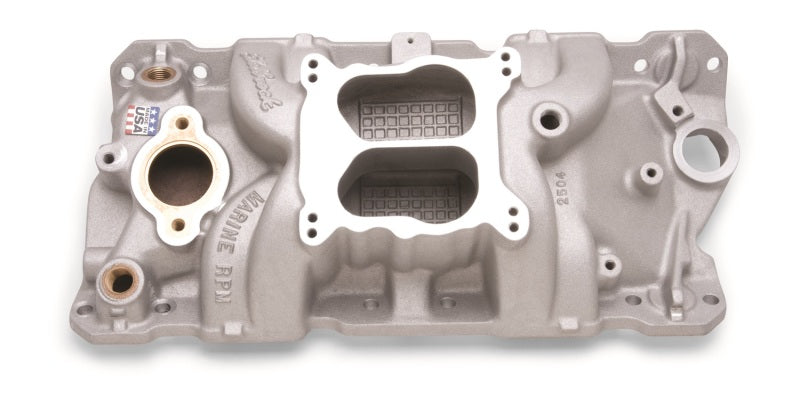 Edelbrock Manifold SBC 23-Degree Marine RPM 1955-1986 w/ Brass Edelbrock Intake Manifolds