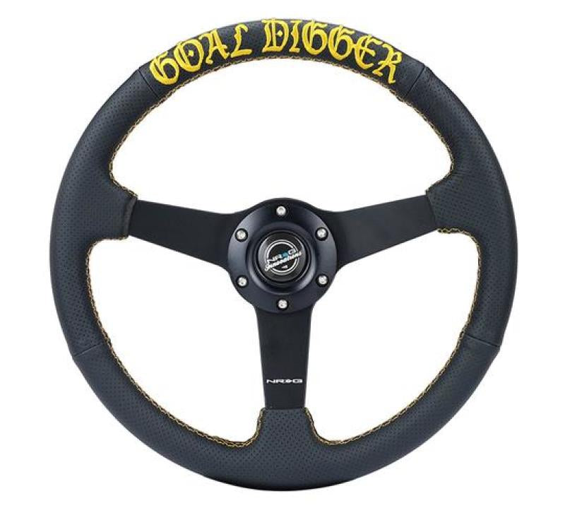 NRG Sport Steering Wheel (350mm / 1.5in Deep) Black Leather/Gold Stitch w/Matte Black Solid Spokes NRG Steering Wheels