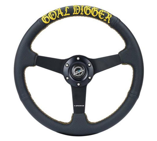 NRG Sport Steering Wheel (350mm / 1.5in Deep) Black Leather/Gold Stitch w/Matte Black Solid Spokes NRG Steering Wheels