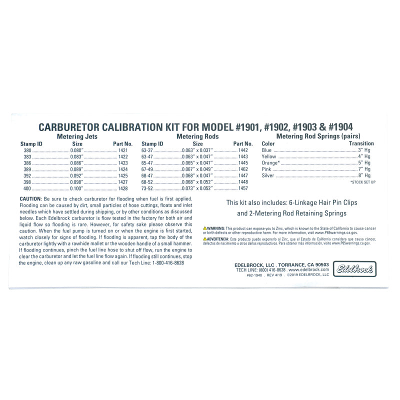 Edelbrock Calibration Kit for 1901 / 1902 / 1903 / 1904 Edelbrock Carburetor Rebuild Components