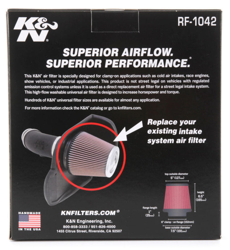K&N Round Tapered Universal Air Filter 6in Flange ID x 7.5in Base OD x 5in Top OD x 6.5in Height K&N Engineering Air Filters - Universal Fit