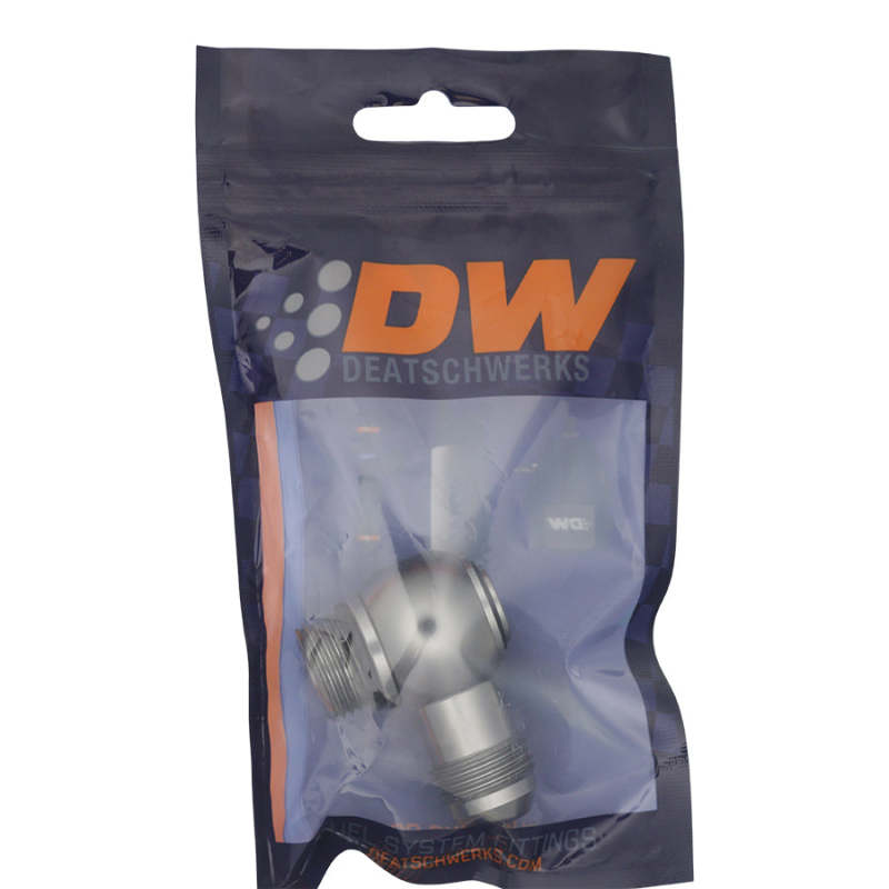 DeatschWerks 8AN ORB Male to 8AN Male Flare Low Profile 90-Degree Swivel - Anodized DW Titanium DeatschWerks Fittings
