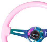 NRG Classic Wood Grain Steering Wheel (350mm) Solid Pink Painted Grip w/Neochrome 3-Spoke Center NRG Steering Wheels