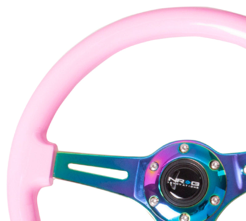NRG Classic Wood Grain Steering Wheel (350mm) Solid Pink Painted Grip w/Neochrome 3-Spoke Center NRG Steering Wheels