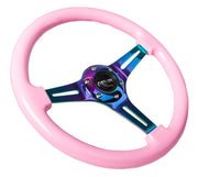 NRG Classic Wood Grain Steering Wheel (350mm) Solid Pink Painted Grip w/Neochrome 3-Spoke Center NRG Steering Wheels