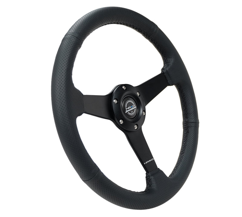 NRG Sport Steering Wheel (350mm / 1.5in Deep) Black Leather Black Stitch w/Matte Black Solid Spokes NRG Steering Wheels