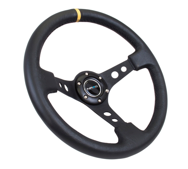 NRG Reinforced Steering Wheel (350mm / 3in. Deep) Blk Leather w/Blk Cutout Spoke/Yellow Center Mark NRG Steering Wheels