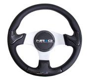NRG Carbon Fiber Steering Wheel (350mm) Silver Frame Blk Stitching w/Rubber Cover Horn Button NRG Steering Wheels