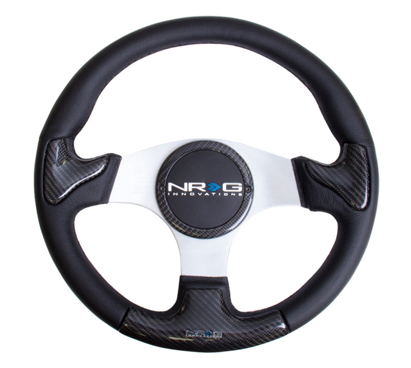 NRG Carbon Fiber Steering Wheel (350mm) Silver Frame Blk Stitching w/Rubber Cover Horn Button NRG Steering Wheels