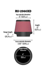 K&N Universal Tapered Filter 6in Flange ID x 7.5in Base OD x 5in Top OD x 5in Height K&N Engineering Air Filters - Universal Fit