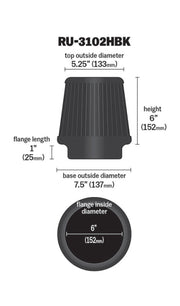 K&N Universal Rubber Filter Round Tapered 6in Flange ID x 7.5in Base OD x 5.25in Top OD x 6in Height K&N Engineering Air Filters - Universal Fit