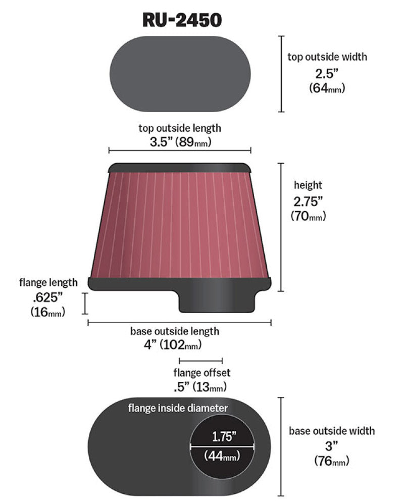 K&N Univ Clamp-On Air Filter - 1-3/4in FLG O/S 4in X 3in B 3in X 2in T 2-3/4inH OVAL K&N Engineering Air Filters - Universal Fit