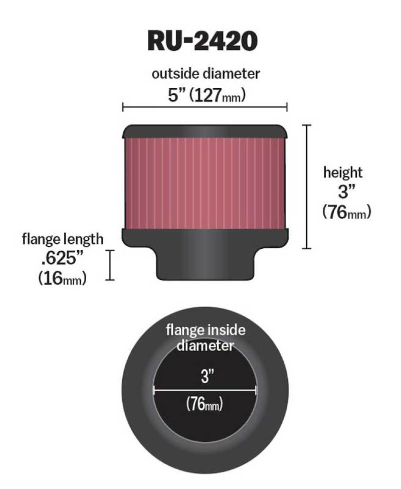 K&N Universal Rubber Filter 3 inch Flange 5 inch OD 3 inch Height K&N Engineering Air Filters - Universal Fit
