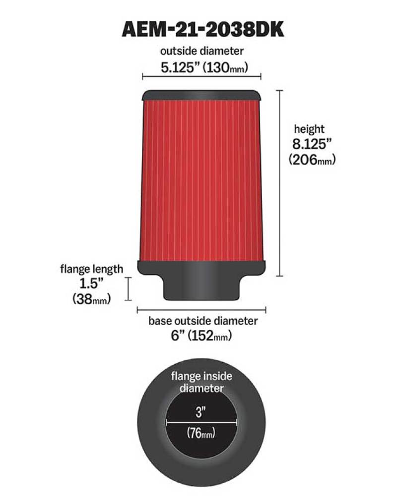 AEM 3 in Short Neck 8 in Element Filter AEM Induction Air Filters - Universal Fit