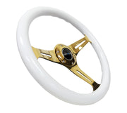 NRG Classic Wood Grain Steering Wheel (350mm) White Grip w/Chrome Gold 3-Spoke Center NRG Steering Wheels