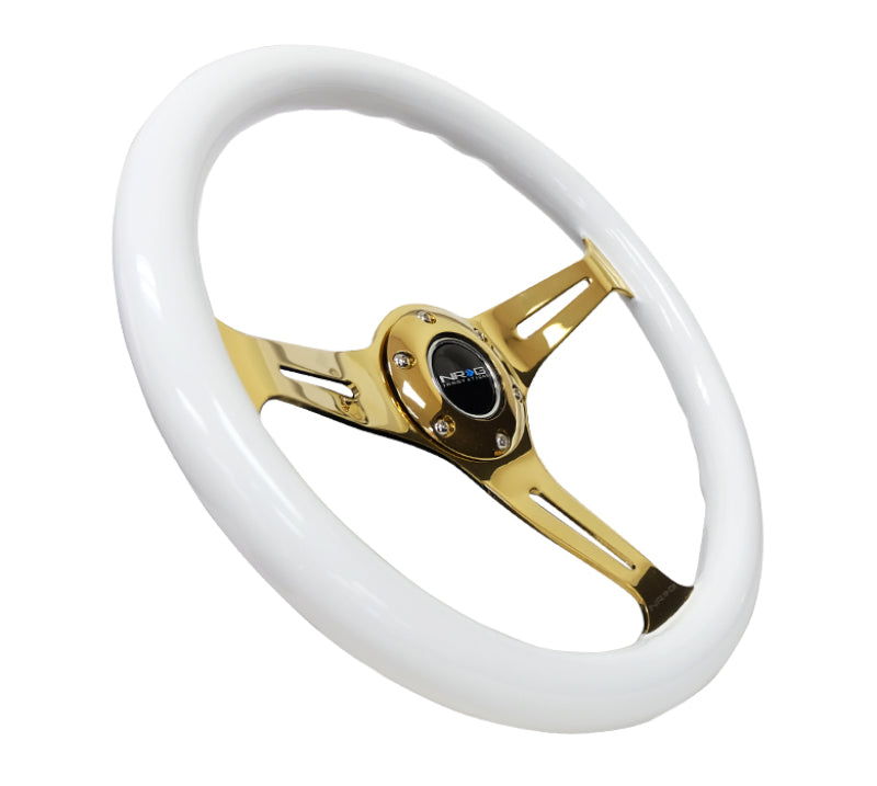 NRG Classic Wood Grain Steering Wheel (350mm) White Grip w/Chrome Gold 3-Spoke Center NRG Steering Wheels