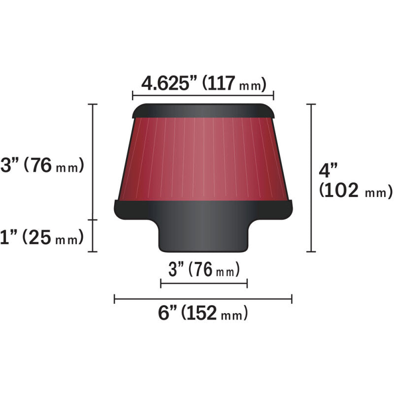 K&N Universal Round Clamp-On Air Filter 3in Flange ID x 6in Base OD x 4.625in Top OD x 3in Height K&N Engineering Air Filters - Universal Fit