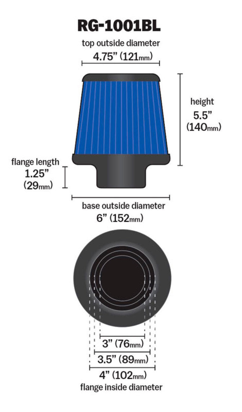 K&N Universal Air Filter Chrome Round Tapered Blue - 4in Flange ID x 1.125in Flange Length x 5.5in H K&N Engineering Air Filters - Universal Fit