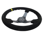 NRG Reinforced Steering Wheel (350mm / 3in. Deep) Blk Suede/X-Stitch w/5mm Blk Spoke & Yellow CM NRG Steering Wheels