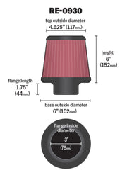 K&N Universal Rubber Filter - Round Tapered 6in Base OD x 3in Flange ID x 6in H K&N Engineering Air Filters - Universal Fit