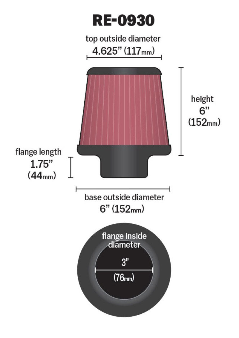 K&N Universal Rubber Filter - Round Tapered 6in Base OD x 3in Flange ID x 6in H K&N Engineering Air Filters - Universal Fit