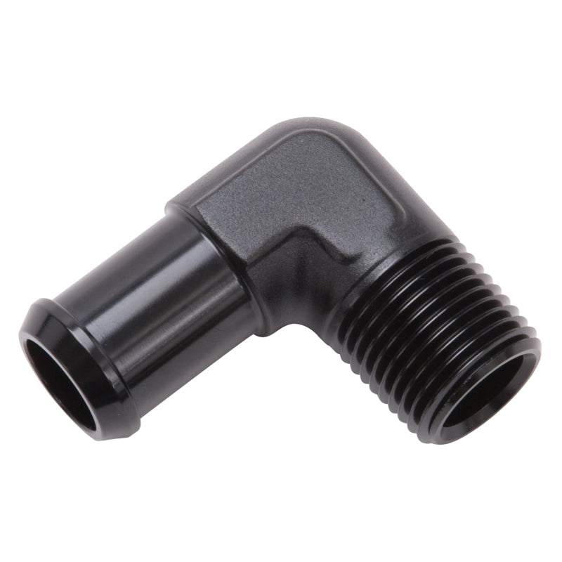 Edelbrock Hose End 90-Deg 1/2In NPT to 1/2In Barb Black Anodize Edelbrock Fittings