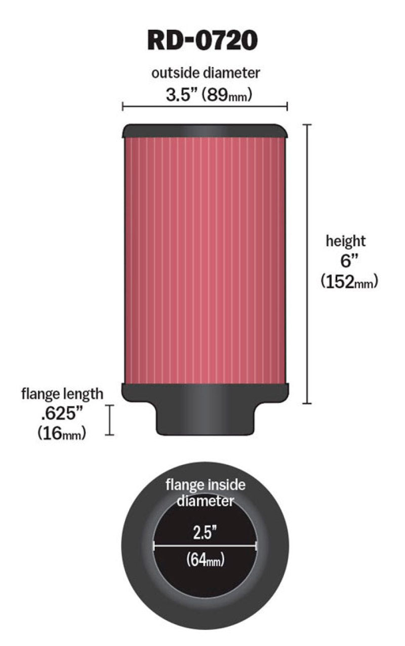 K&N Universal Rubber Filter 2.5in Flange ID x 3.5in OD x 6in Height K&N Engineering Air Filters - Universal Fit