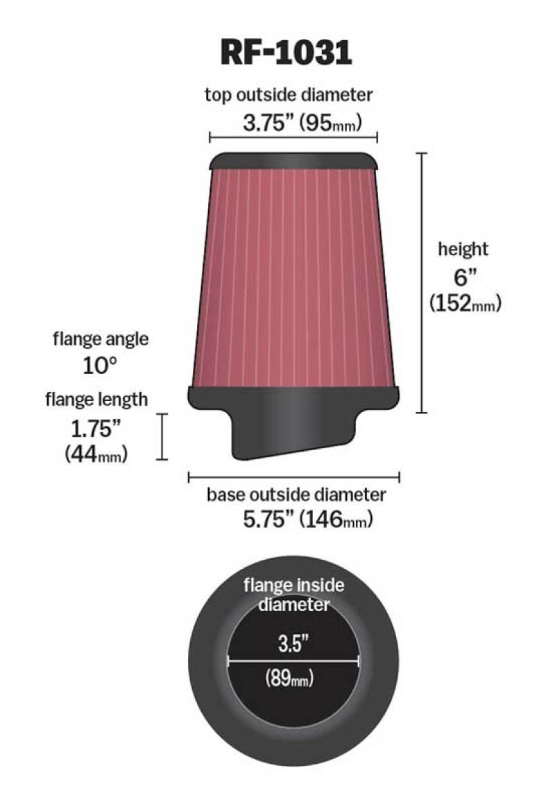 K&N Round Tapered Universal Air Filter 3.5in Flange ID / 5.75in Base OD / 3.75in Top OD / 6in H K&N Engineering Air Filters - Universal Fit