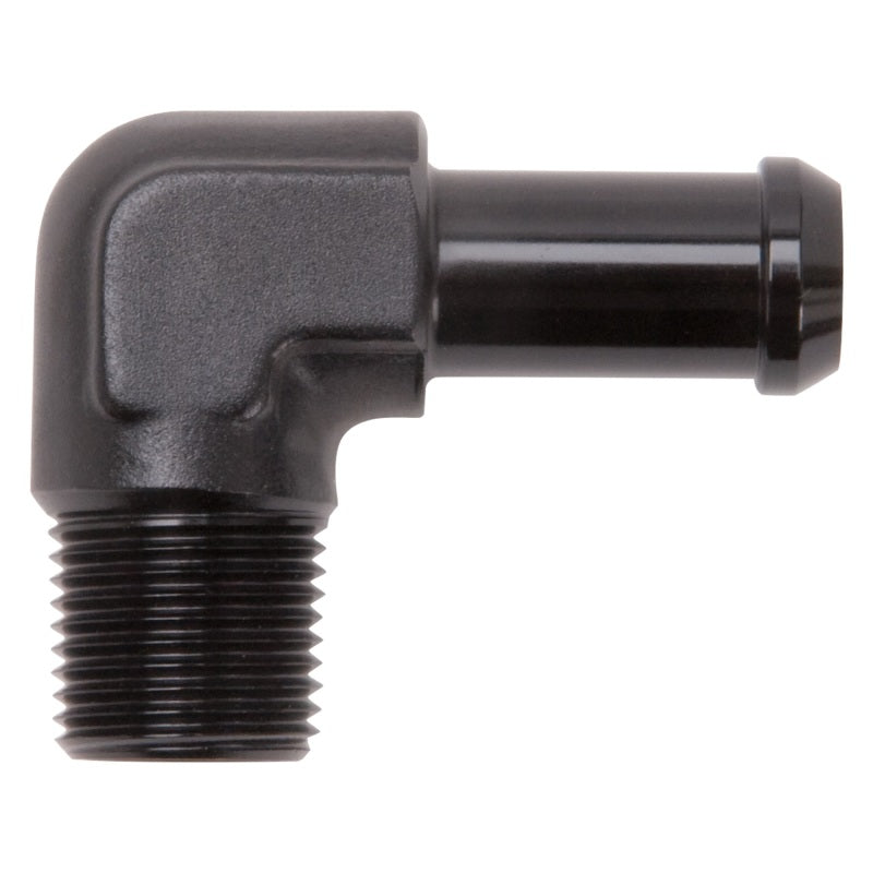Edelbrock Hose End 90-Degree 3/8In NPT to 1/2In Barb Black Anodize Edelbrock Fittings