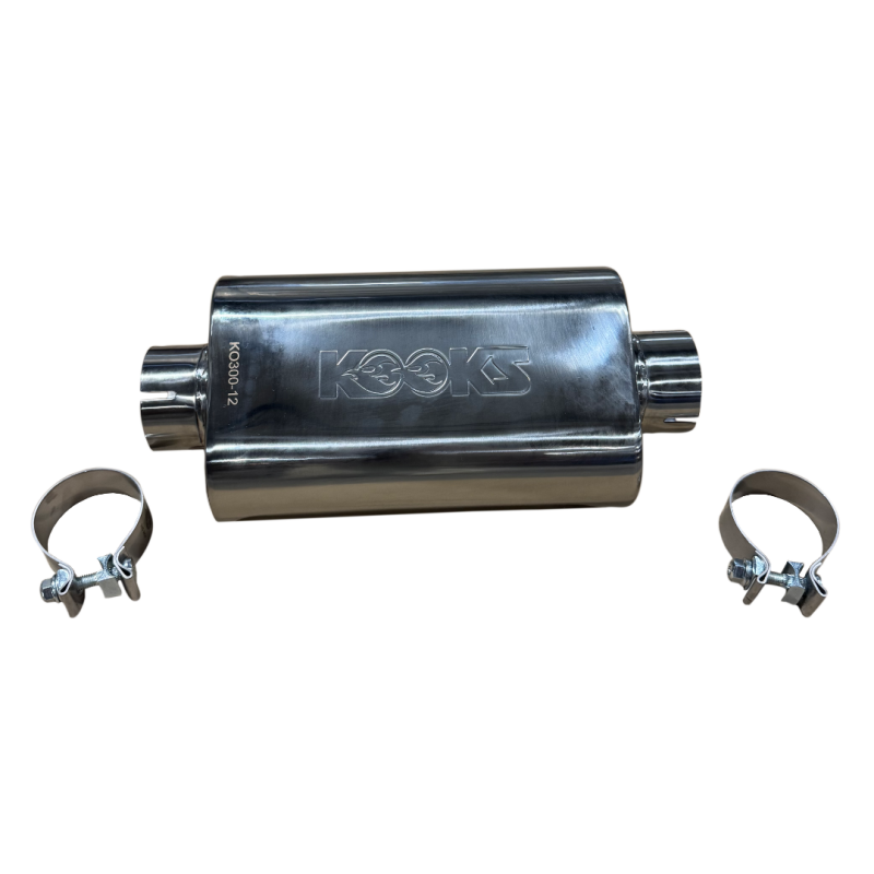 Kooks 3in Oval Clamp In Center/Center Muffler 12in Long Body Polished Stainless Steel Kooks Headers Muffler