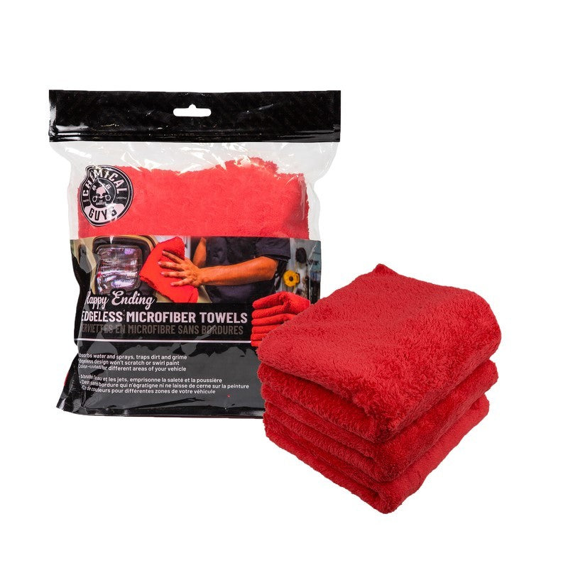 Chemical Guys Happy Ending Ultra Edgeless Microfiber Towel - 16in x 16in - Red - 3 Pack Chemical Guys Microfibers & Towels