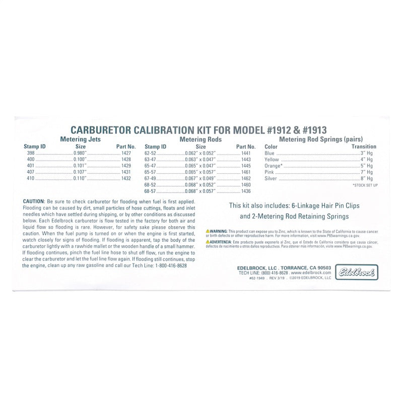 Edelbrock Calibration Kit for 1912 / 1913 Edelbrock Carburetor Rebuild Components