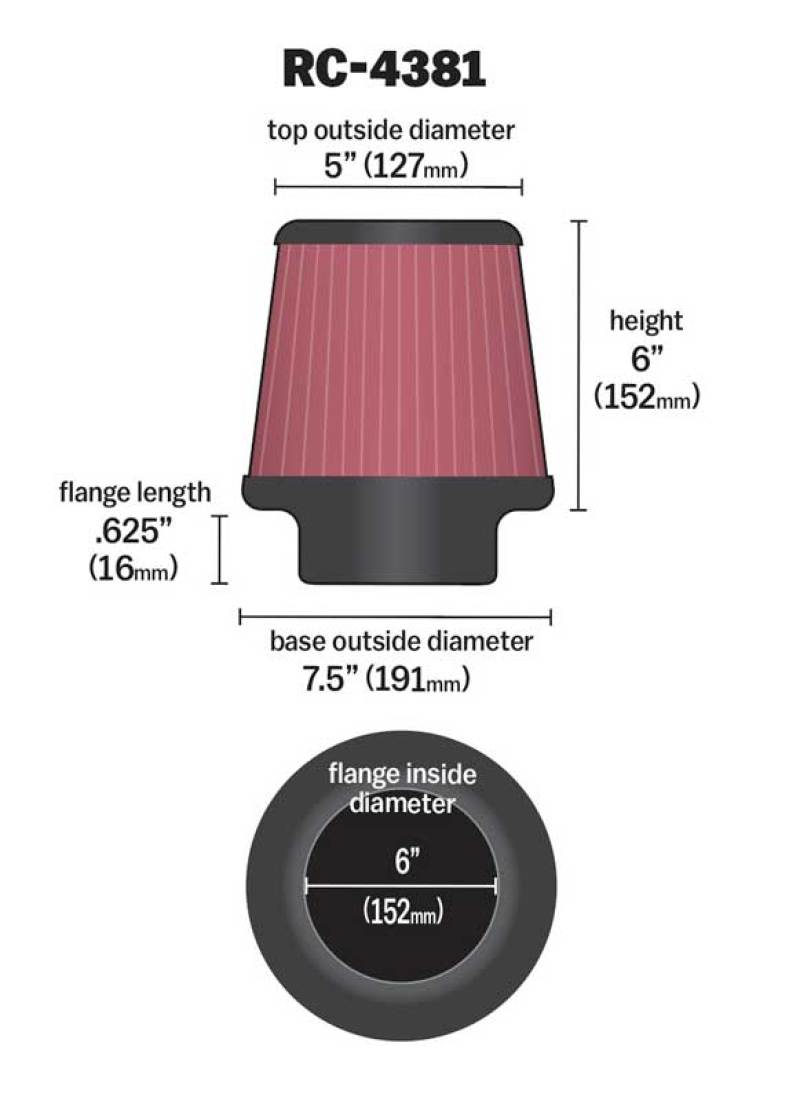 K&N Universal Chrome Filter 6in Flange ID x 7.5in Base OD x 5in Top OD x 6in H K&N Engineering Air Filters - Universal Fit