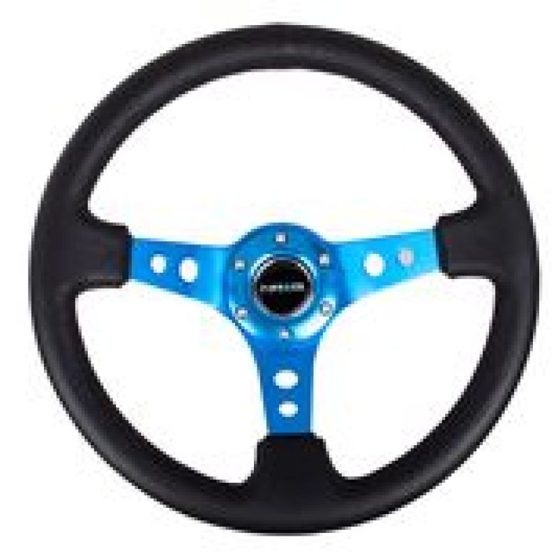 NRG Reinforced Steering Wheel (350mm / 3in. Deep) Blk Leather w/Blue Circle Cutout Spokes NRG Steering Wheels