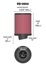 K&N Universal Rubber Filter 3 inch 5 Degree FLG 4 1/2 inch OD 4 inch Height K&N Engineering Air Filters - Universal Fit